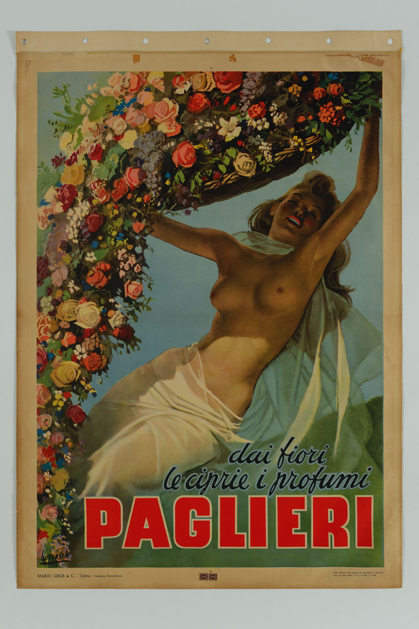 donna sorridente vestita di velo con il seno scoperto regge un festone di fiori (manifesto) di Boccasile Gino (sec. XX)