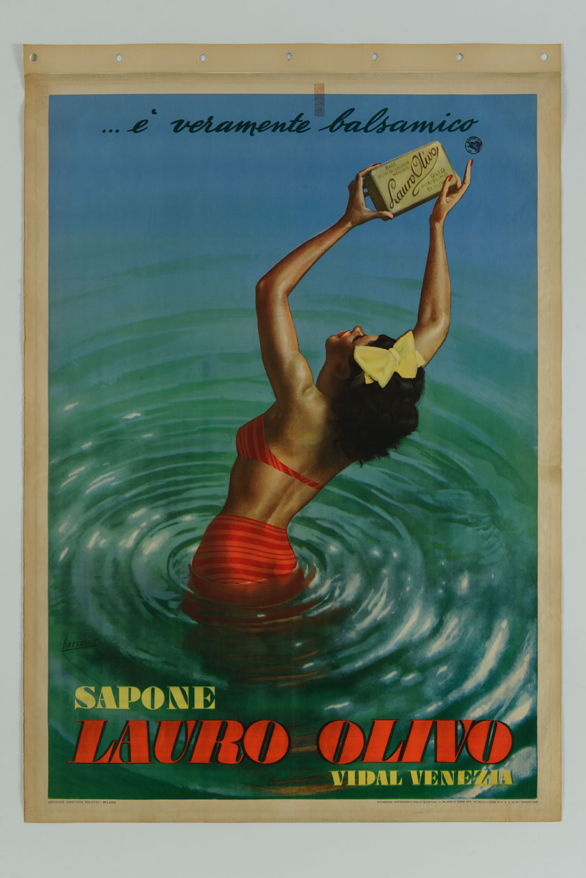 donna in costume da bagno in acqua regge e mostra una saponetta (manifesto) di Boccasile Gino (sec. XX)