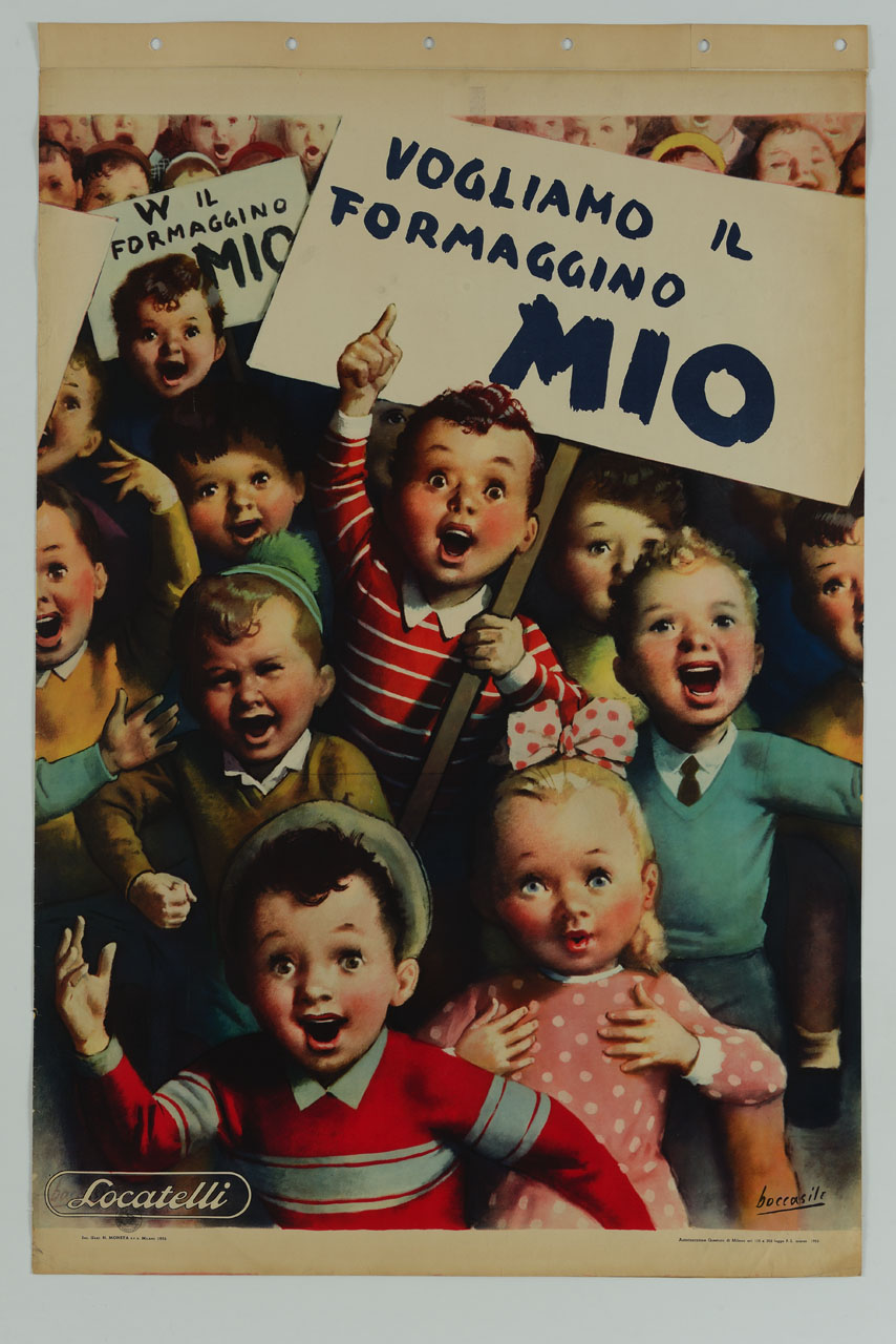 bambini con cartelli manifestano per il Formaggino Mio (manifesto) di Boccasile Gino (sec. XX)