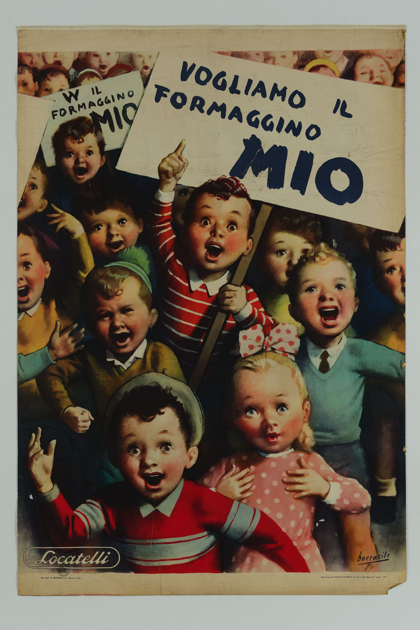 bambini con cartelli manifestano per il Formaggino Mio (manifesto) di Boccasile Gino (sec. XX)