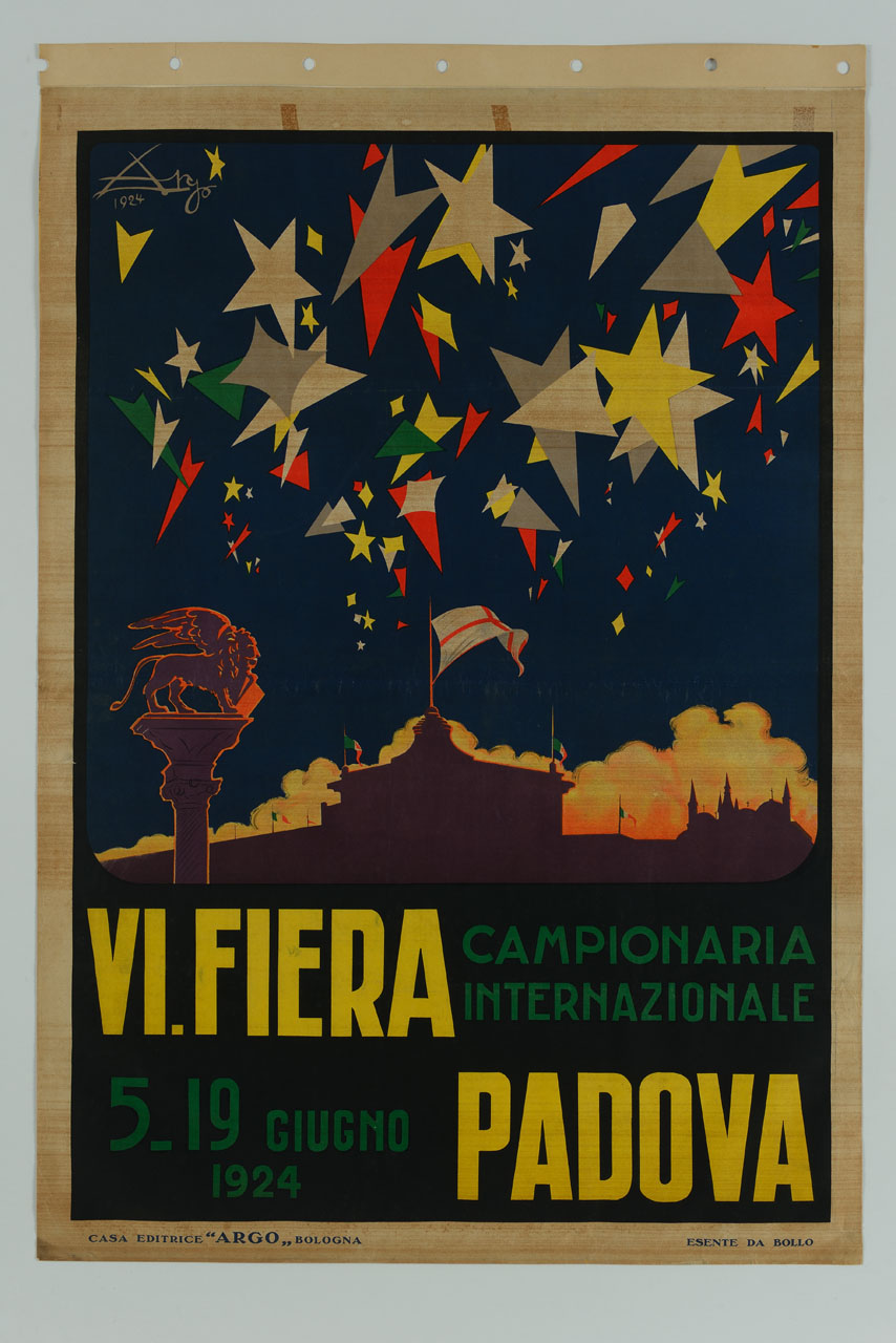 stelle colorate sovrastanti lo skyline della città di Padova con la Colonna Marciana in primo piano (manifesto) di Argo - Creazione Marche di Pubblicità (sec. XX)