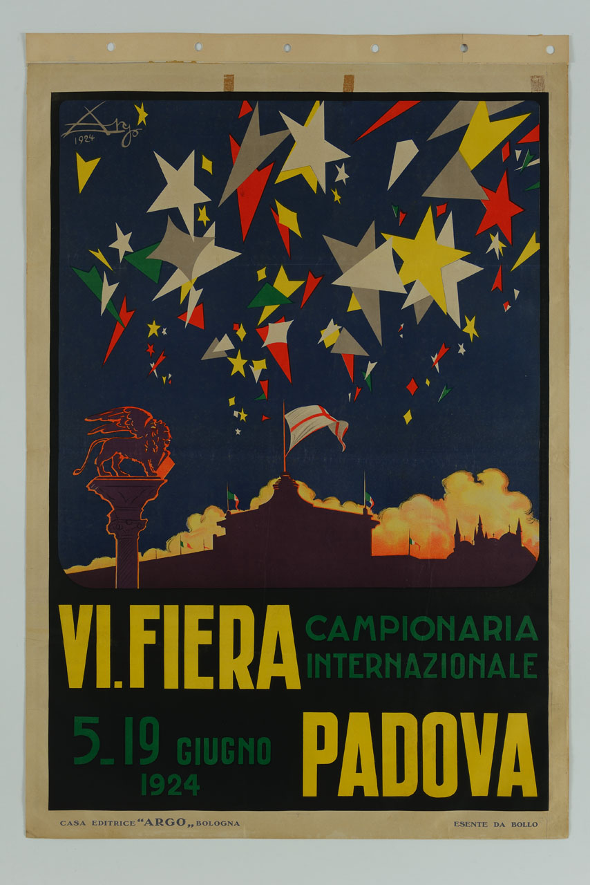 stelle colorate sovrastanti lo skyline della città di Padova con la Colonna Marciana in primo piano (manifesto) di Argo - Creazione Marche di Pubblicità (sec. XX)