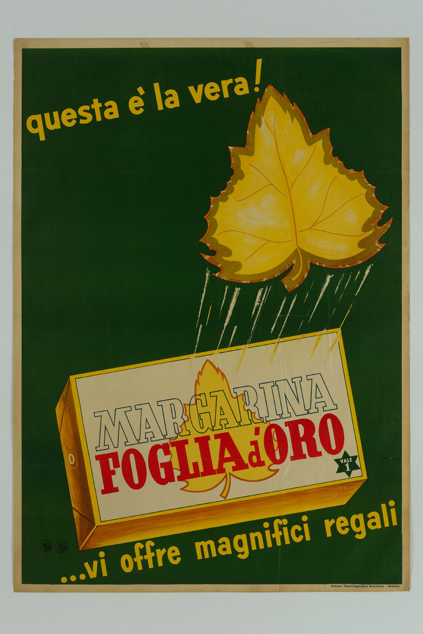 panetto di margarina e foglia dorata (manifesto) di Pesavento Gino (sec. XX)