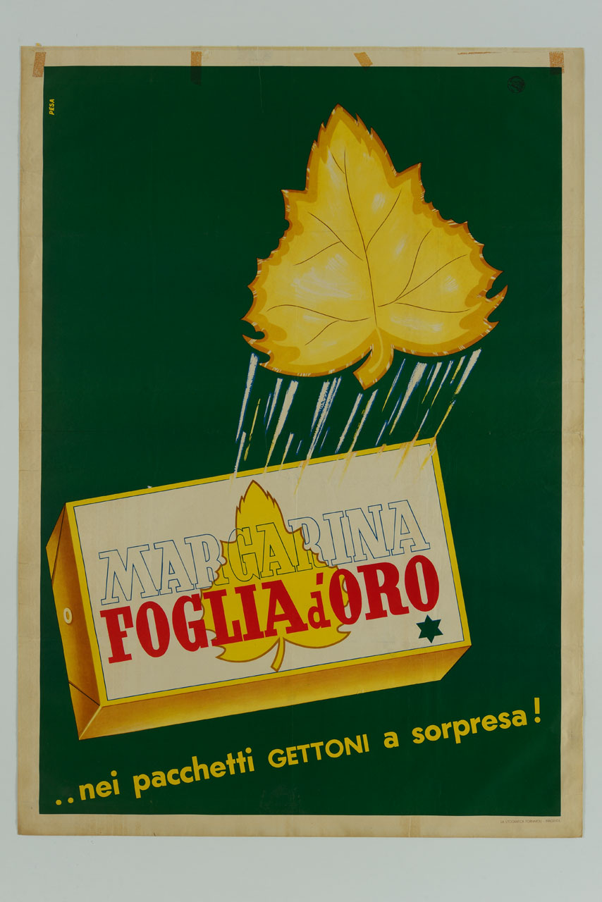 panetto di margarina e foglia dorata (manifesto) di Pesavento Gino (sec. XX)