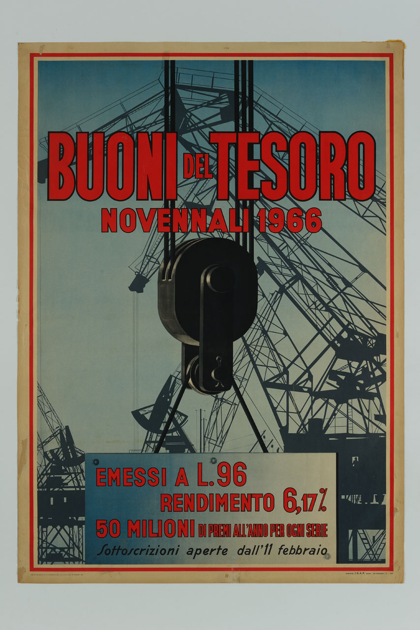 bozzello di gru sullo sfondo di un cantiere con gru a braccio (manifesto) - ambito italiano (sec. XX)