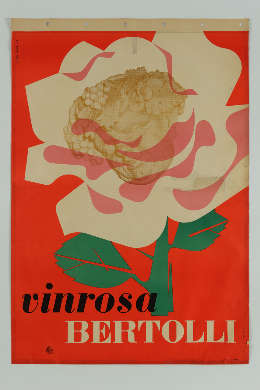 rosa stilizzata sullo sfondo di una testa di Bacco (manifesto) di Carboni Erberto detto Lince (sec. XX)