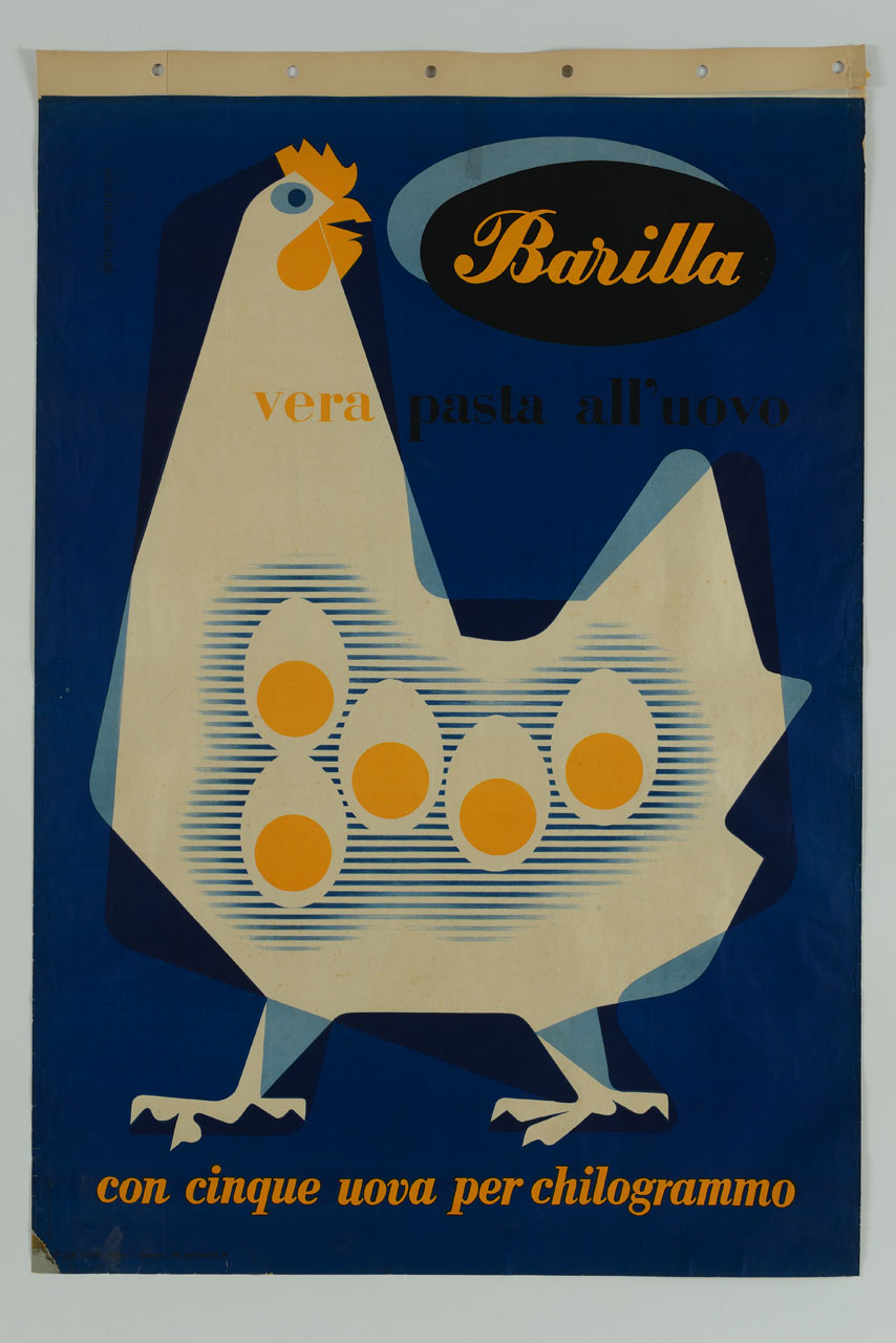 cinque uova sul corpo di una gallina stilizzata (manifesto) di Carboni Erberto detto Lince (sec. XX)