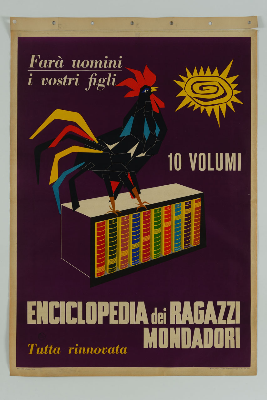 gallo sopra un contenitore con volumi di enciclopedia canta rivolto al sole (manifesto) - ambito italiano (sec. XX)