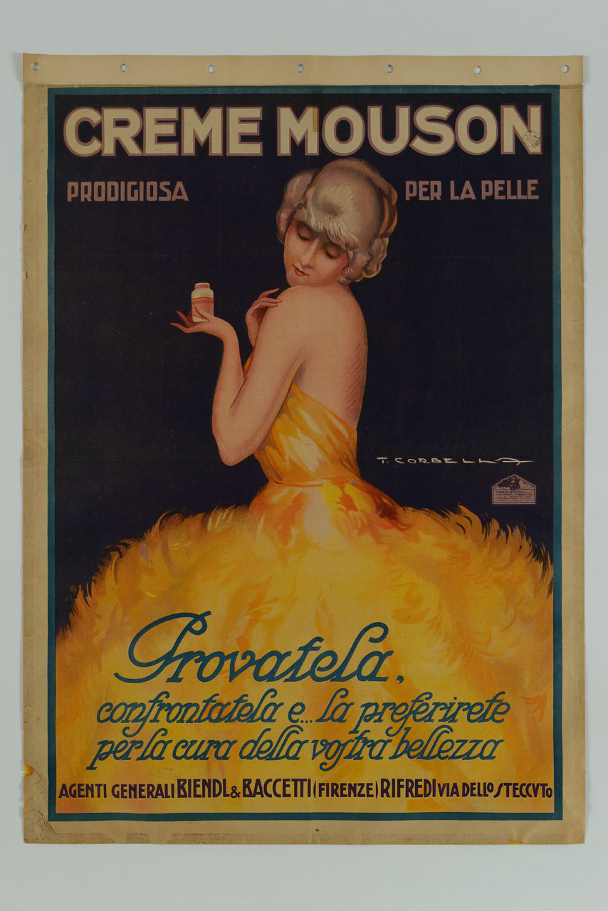 donna in abito da sera si ammira una spalla e tiene un vasetto di crema (manifesto) di Corbella Tito (sec. XX)