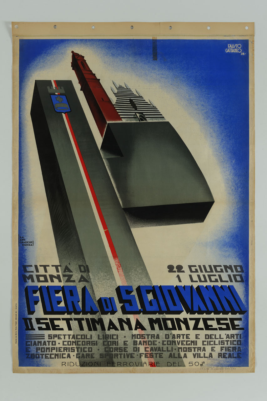 duomo di Monza innalzato su un enorme fascio littorio con stemma della città (manifesto) di Cattaneo Fausto (sec. XX)