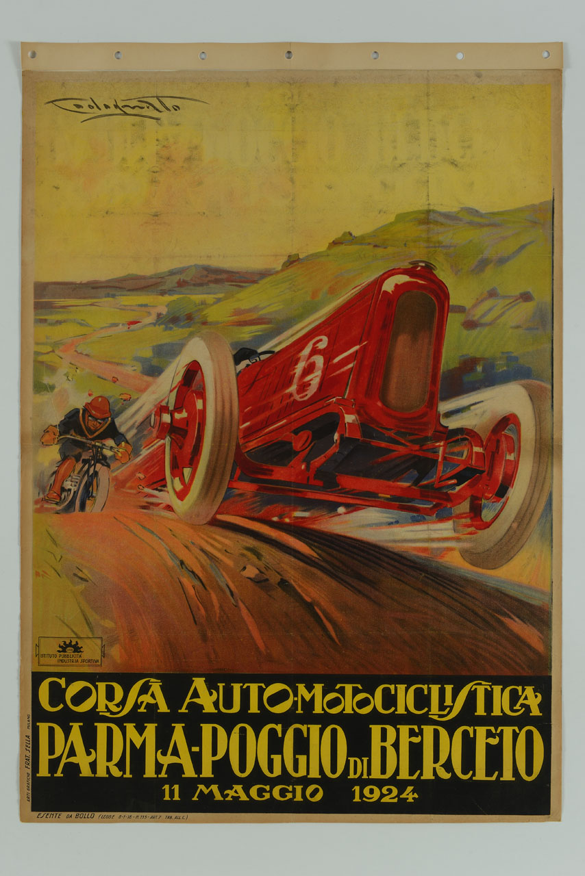 automobile e motocicletta da corsa sfrecciano in gara su una strada collinare (manifesto) di Codognato Plinio (sec. XX)
