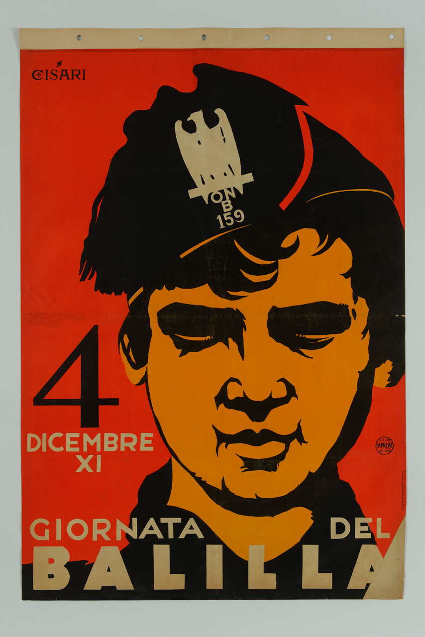 ritratto a mezzo busto di balilla con fez fascista (manifesto) di Cisari Giulio (sec. XX)