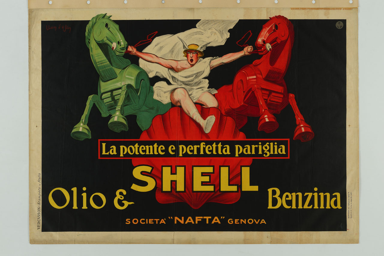 personificazione di Mercurio alla guida di una pariglia di cavalli meccanici salta la conchiglia della Shell (manifesto) di D'Ylen Jean (sec. XX)