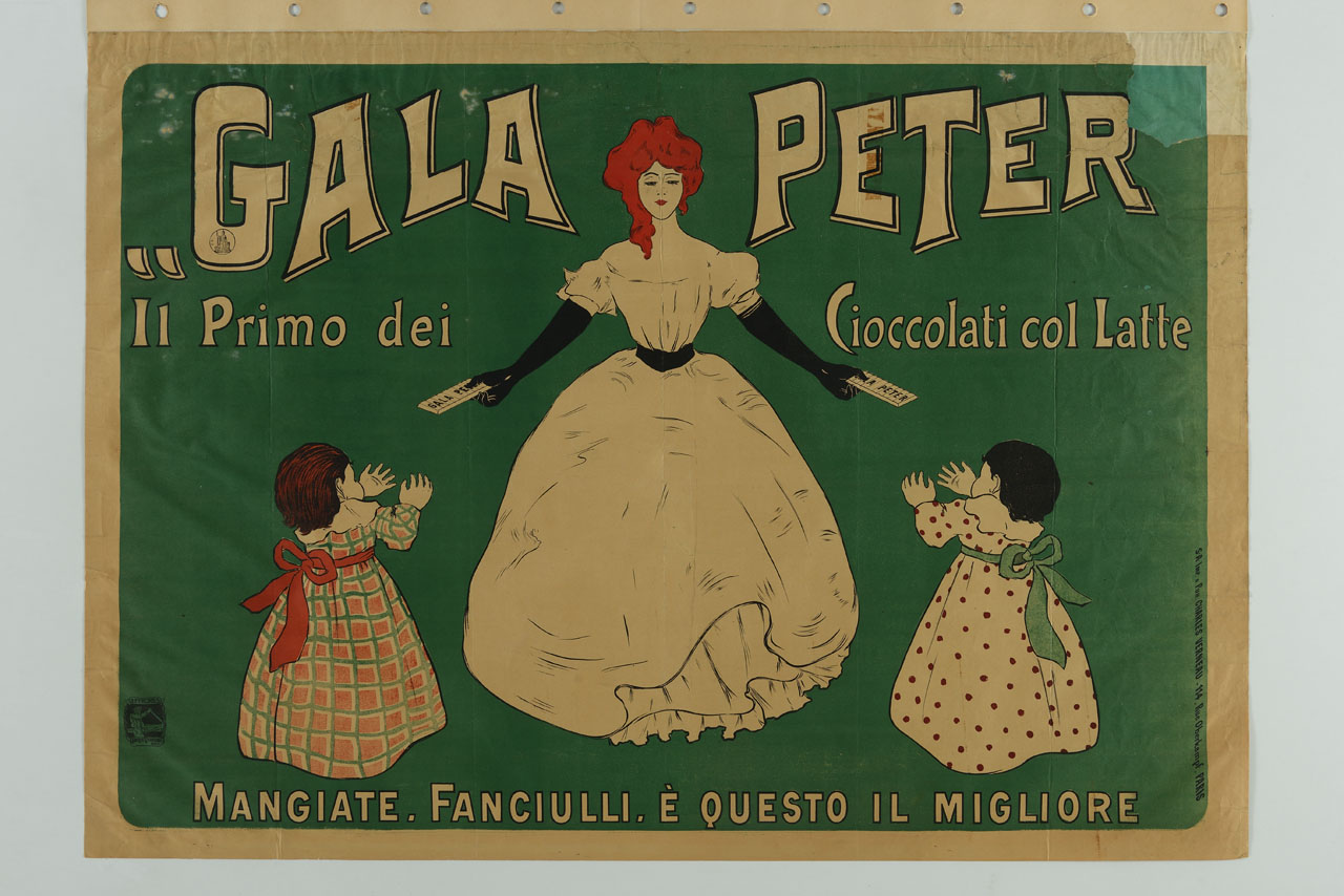 donna distribuisce a due bambine una tavoletta di cioccolato ciascuna (manifesto) - ambito svizzero (sec. XIX)