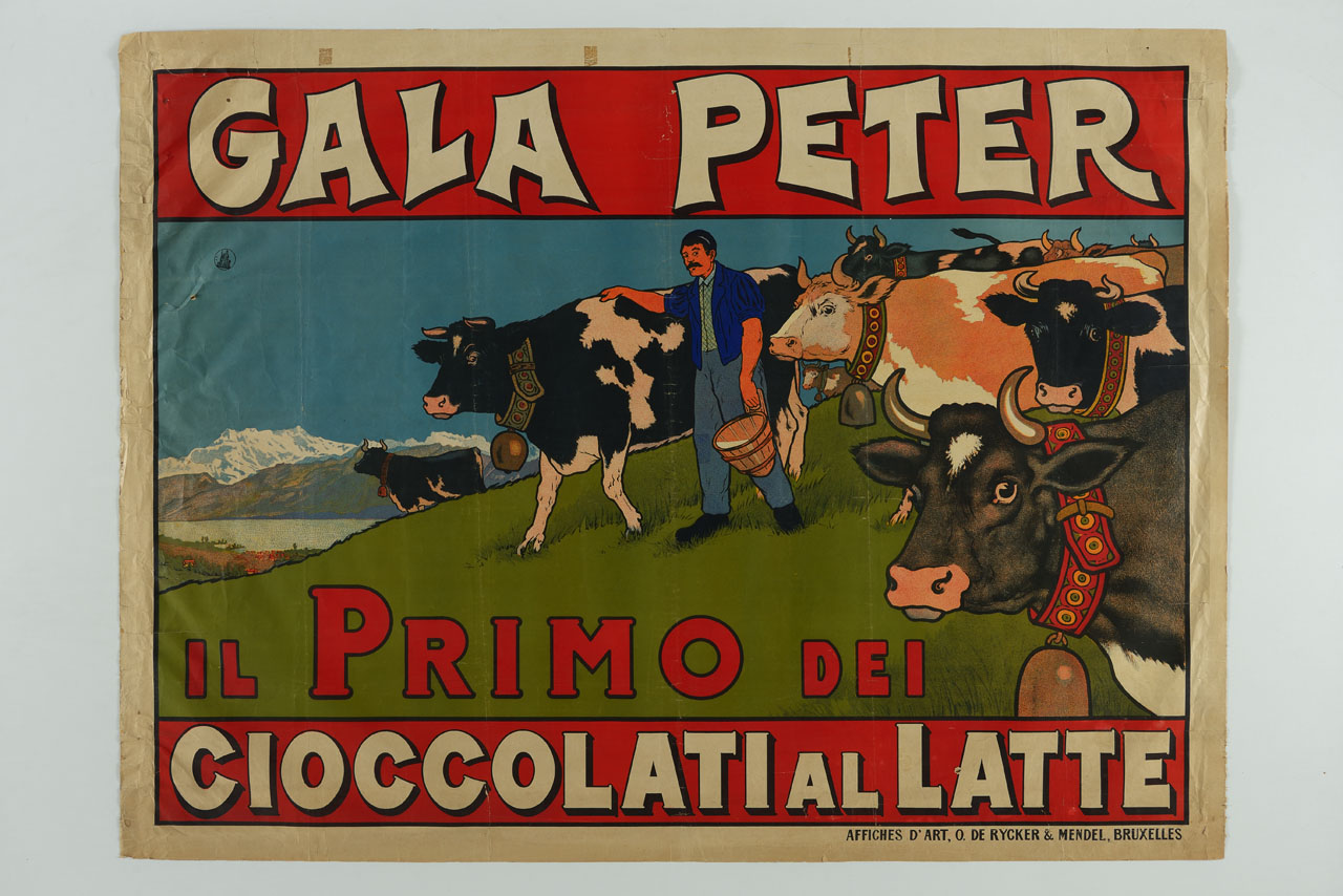 uomo con secchio di latte e mucche al pascolo con campanacci (manifesto) - ambito svizzero (sec. XX)