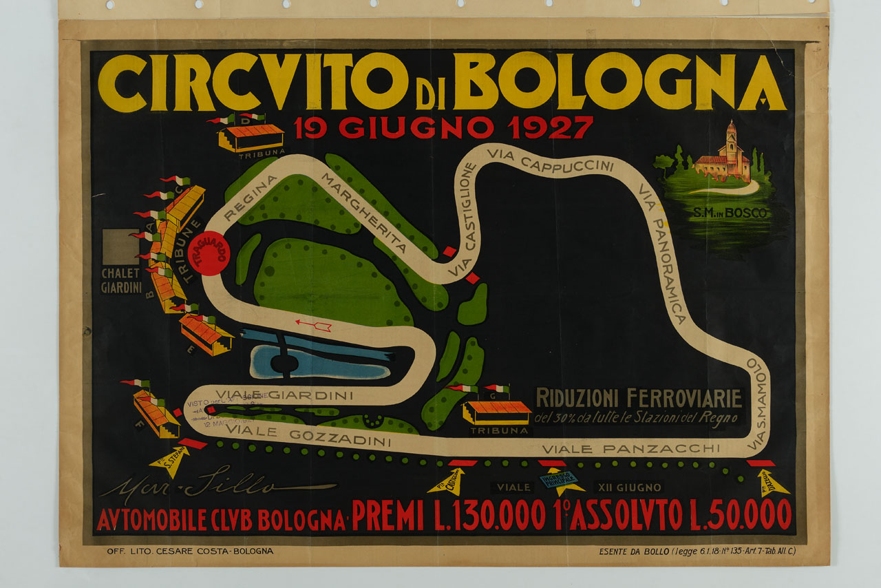 tracciato del circuito automobilistico di Bologna (manifesto) di Martuffi Silla (sec. XX)