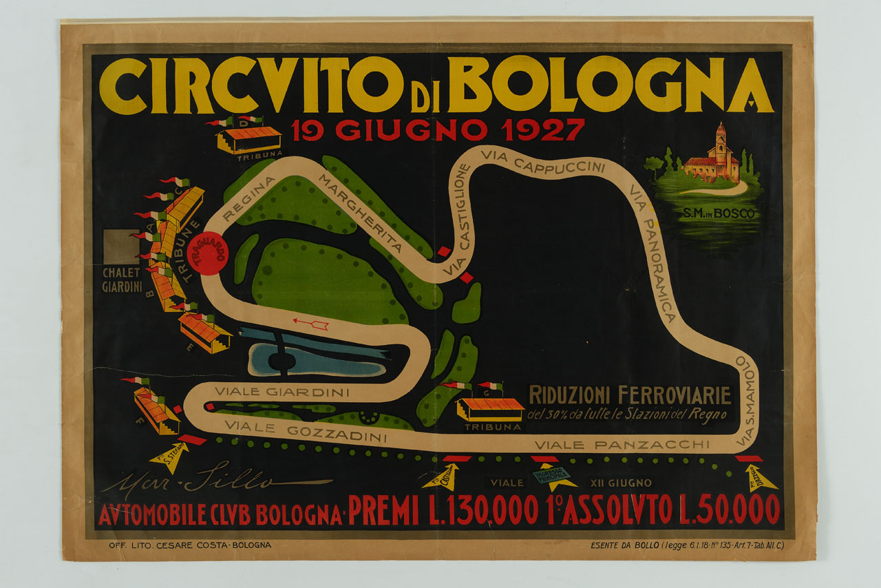 tracciato del circuito automobilistico di Bologna (manifesto) di Martuffi Silla (sec. XX)