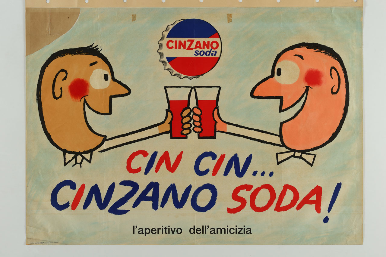 due uomini stilizzati brindano facendo cinc cin e tappo (manifesto) - ambito italiano (sec. XX)