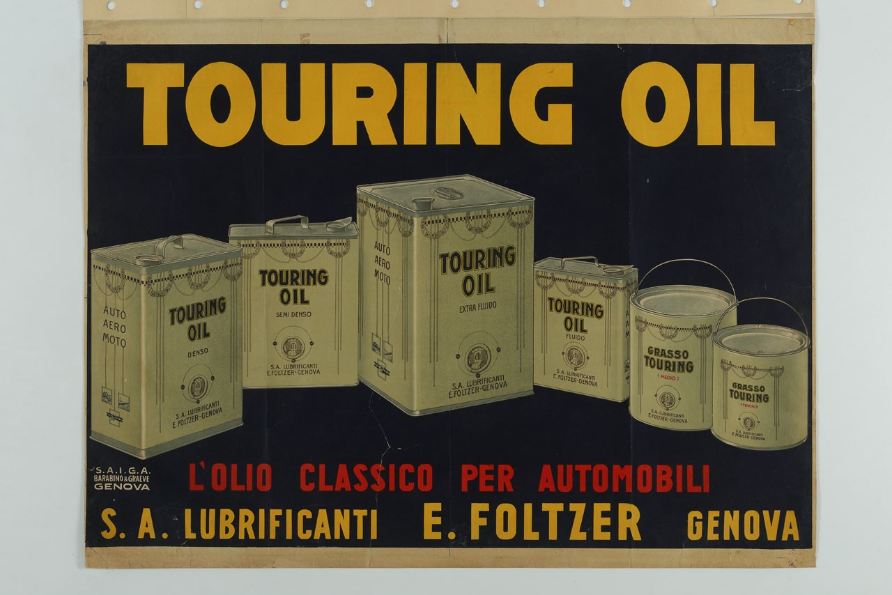 lattine e barattoli di olio e grasso per motori (manifesto) - ambito italiano (sec. XX)