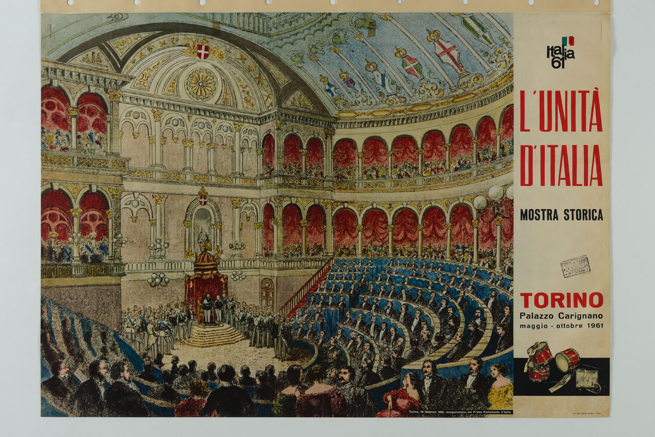 Il Re Vittorio Emanuele II inaugura l'VIII legislatura del Parlamento [...] il 18 febbraio 1861 di V. Poirel ritoccato e colorato (manifesto) - ambito italiano (sec. XX)