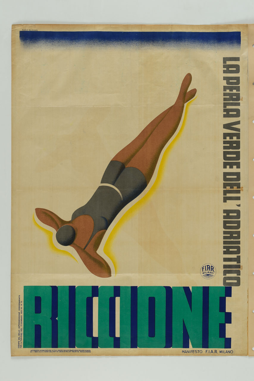 donna in costume intero sdraiata al sole (manifesto) di Romano Mario - ambito italiano (sec. XX)