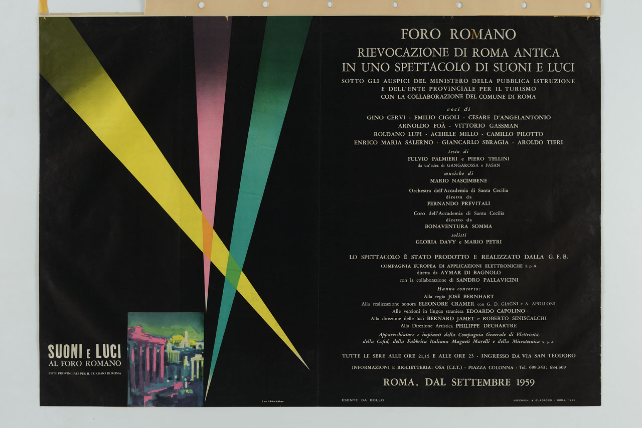 fasci di luce colorata verso l'alto e riquadro con il Foro Romano (manifesto) di Sant'Andrea - ambito italiano (sec. XX)