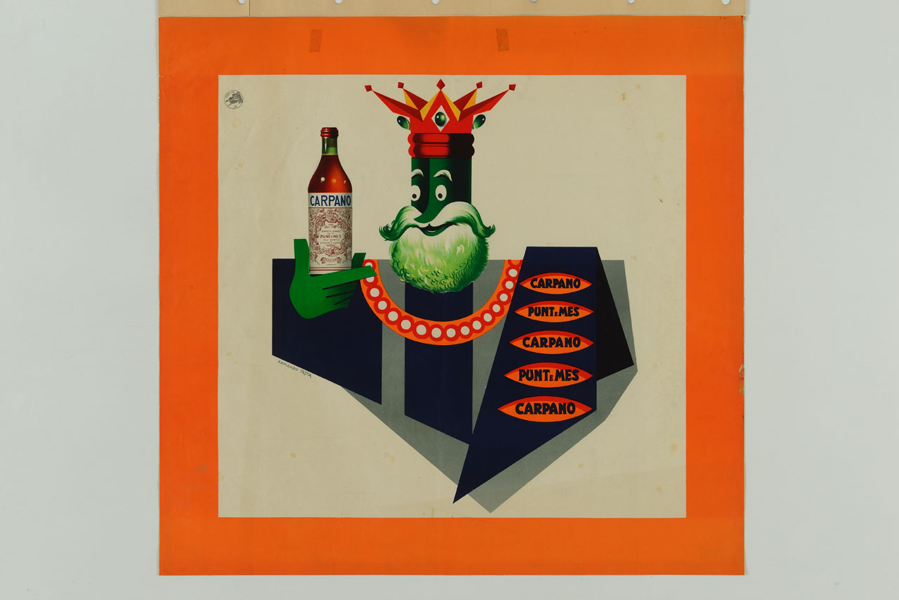 Re Carpano guarda verso la bottiglia di Punt e Mes che tiene in mano (manifesto) di Testa Armando (sec. XX)