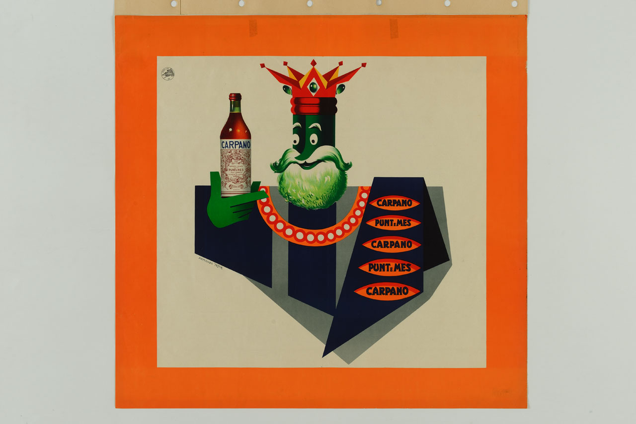 Re Carpano guarda la bottiglia di Punt e Mes che tiene in mano (manifesto) di Testa Armando (sec. XX)