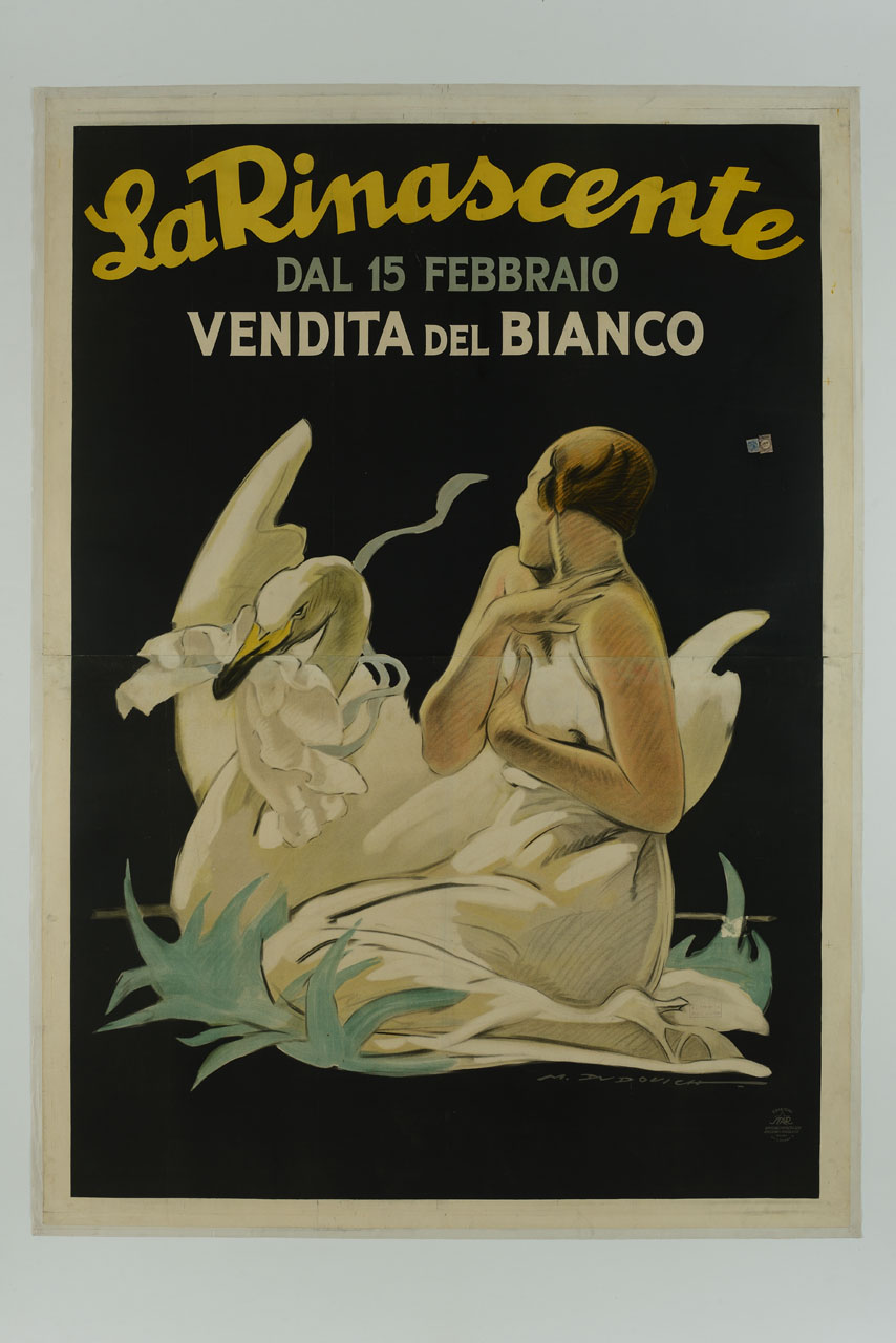donna vestita di bianco inginocchiata e cigno con biancheria nel becco (manifesto, stampa composita) di Dudovich Marcello (sec. XX)