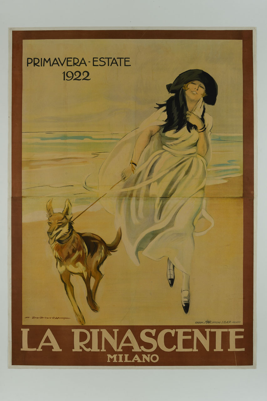 donna legante corre sulla spiaggia con un cane al guinzaglio (manifesto, stampa composita) di Dudovich Marcello (sec. XX)