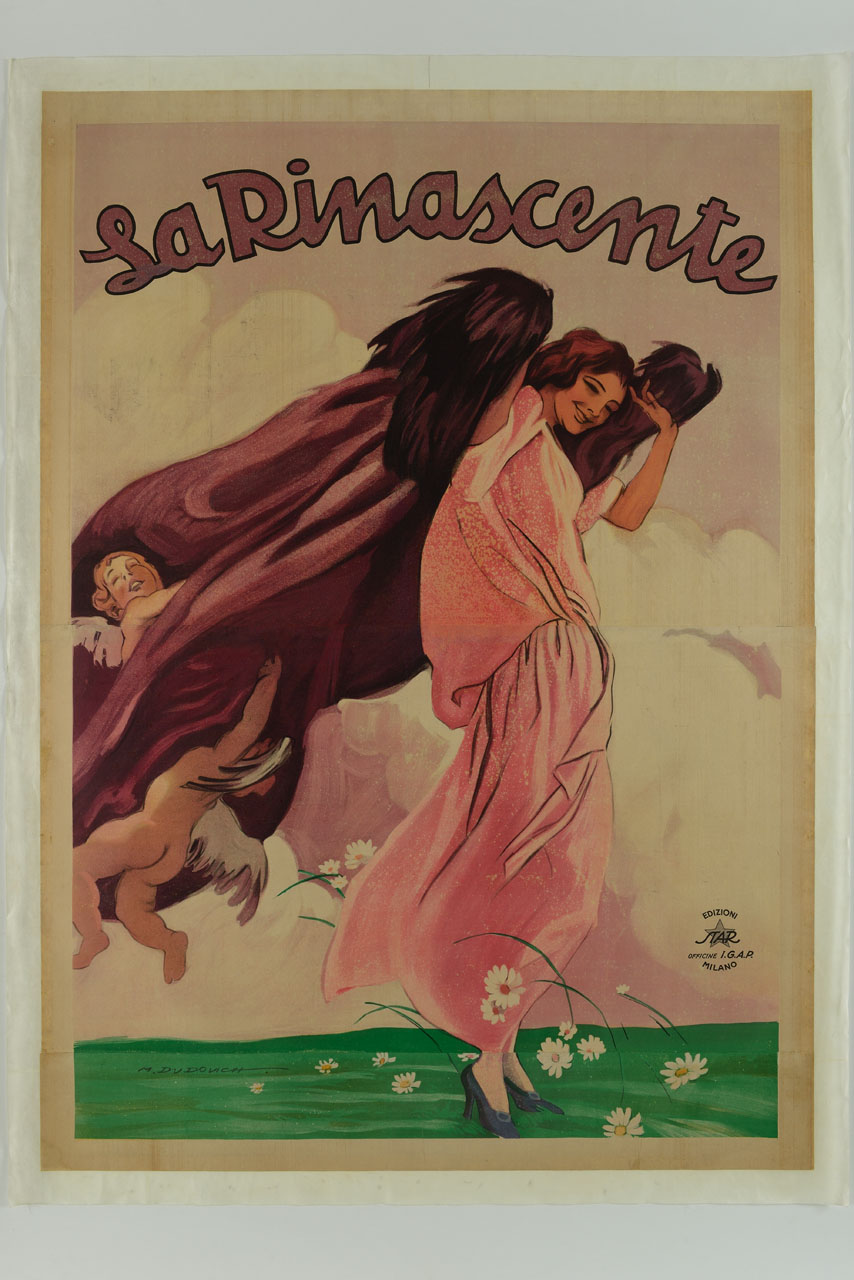 donna tra le margherite si toglie un mantello sostenuto da due putti (manifesto, stampa composita) di Dudovich Marcello (sec. XX)