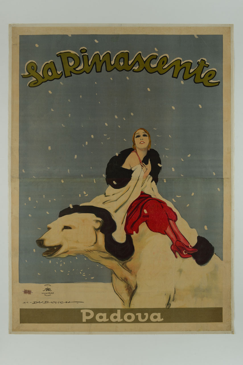 donna in pelliccia comodamente seduta sul dorso di un orso bianco nella neve (manifesto, stampa composita) di Dudovich Marcello (sec. XX)