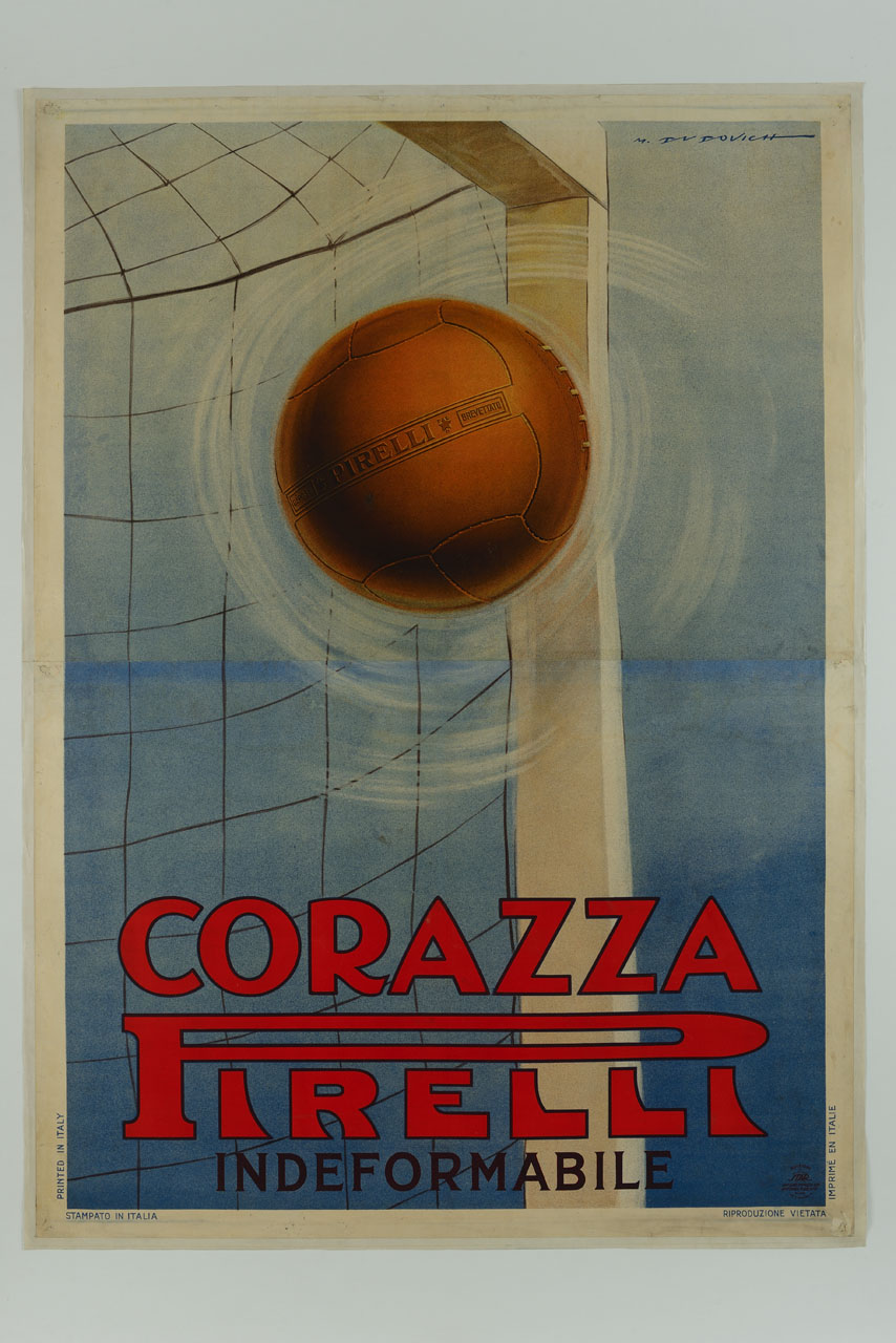 pallone da calcio entra in porta all'incrocio dei pali (manifesto, stampa composita) di Dudovich Marcello (sec. XX)