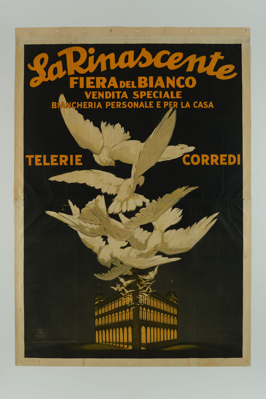 un volo di colombe bianche porta al palazzo della Rinascente di Milano (manifesto, stampa composita) di Dudovich Marcello (sec. XX)