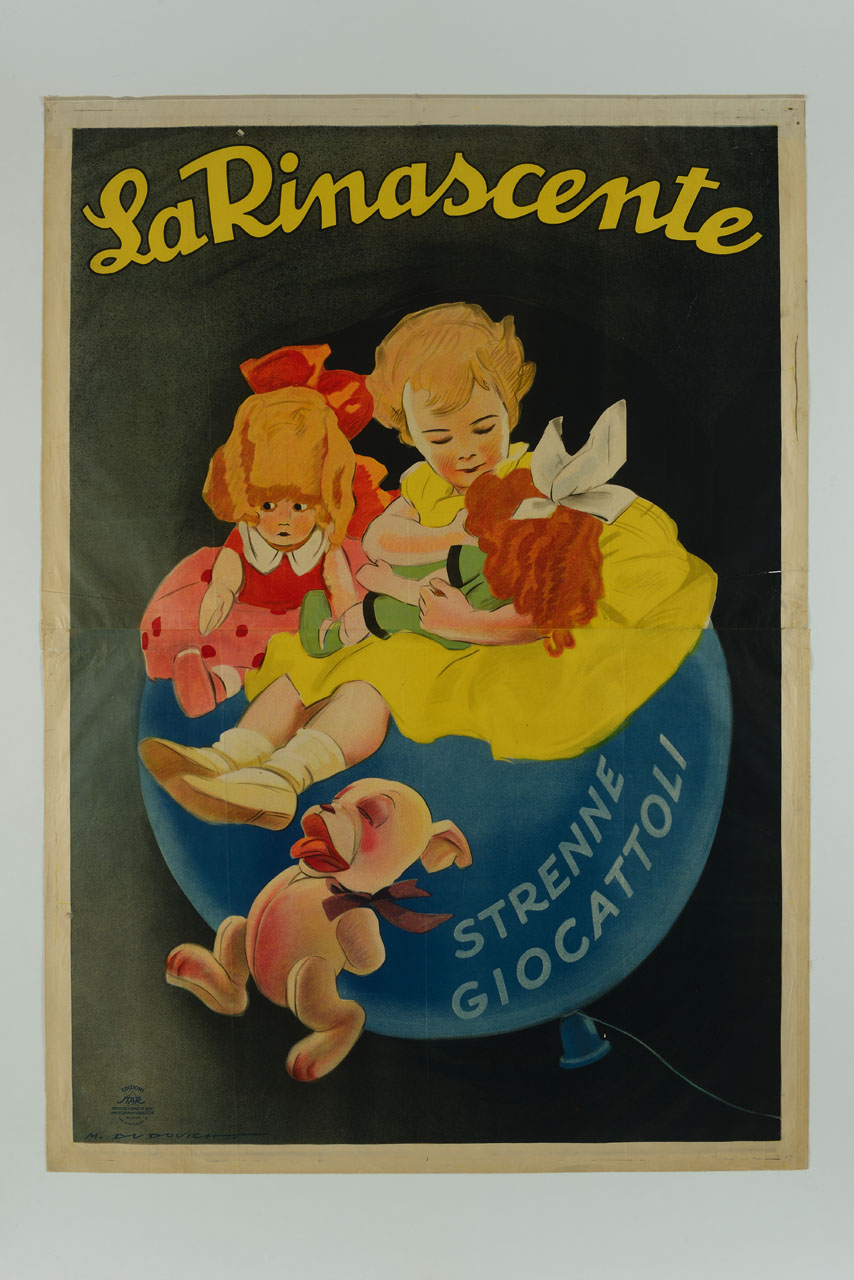 bambina gioca con bambole e un pupazzo seduta su un pallone in volo (manifesto, stampa composita) di Dudovich Marcello (sec. XX)