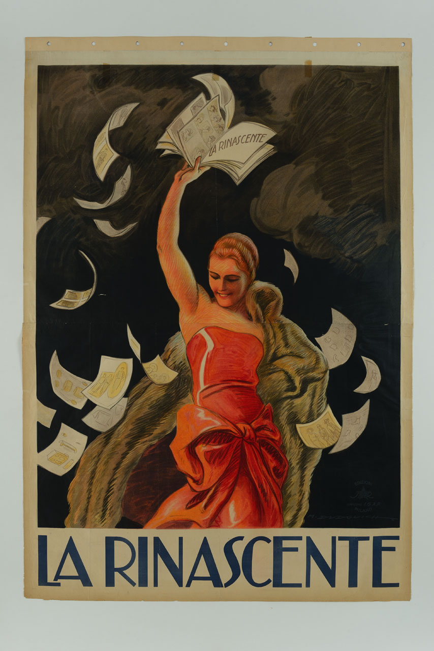 donna elegante con pelliccia fa cadere una pioggia di fogli dal catalogo della Rinascente (manifesto, stampa composita) di Dudovich Marcello (sec. XX)