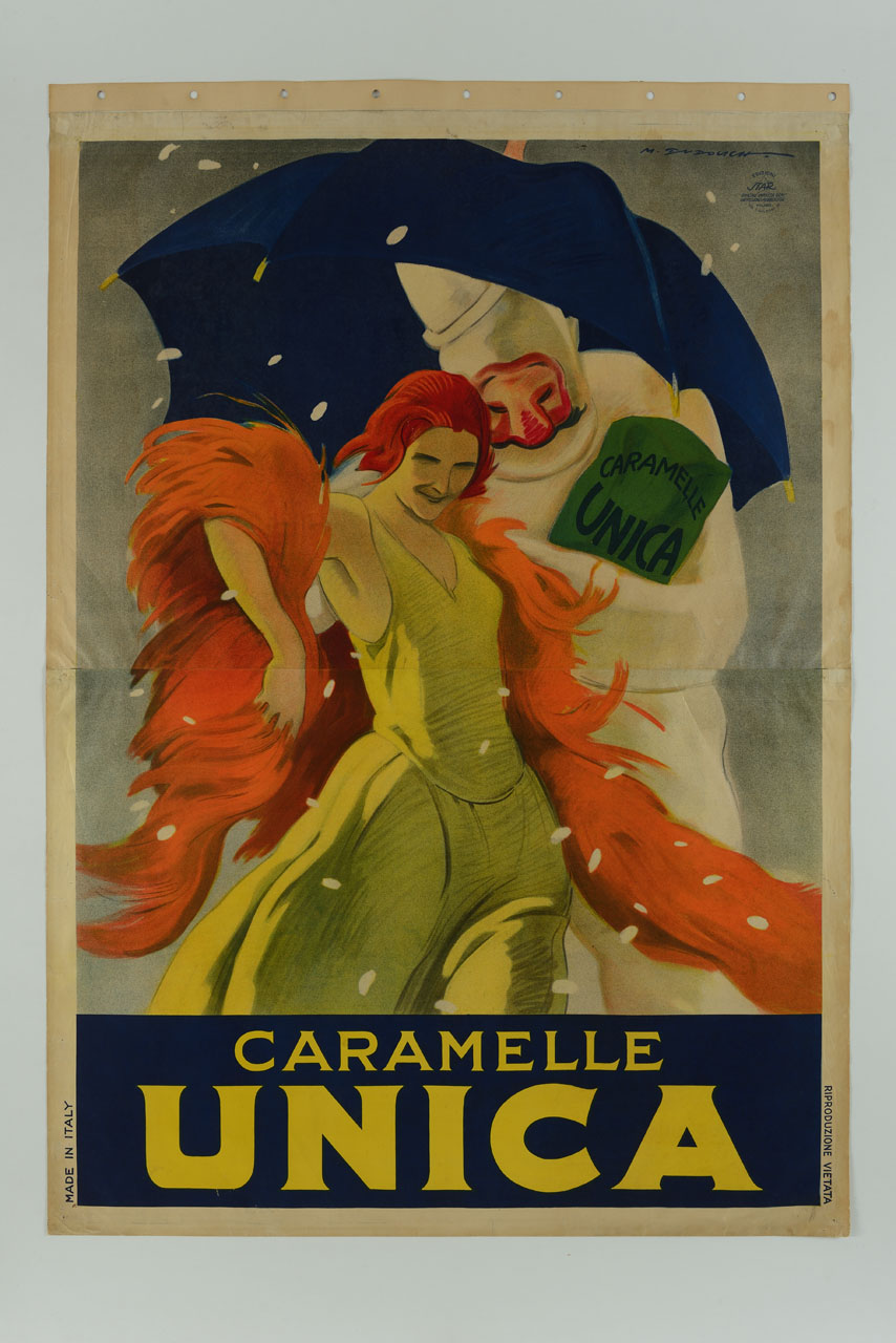 pupazzo di neve con sacchetto di caramelle si ripara con un ombrello e donna danza a spalle nude muovendo vaporosamente il suo scialle (manifesto, stampa composita) di Dudovich Marcello (sec. XX)