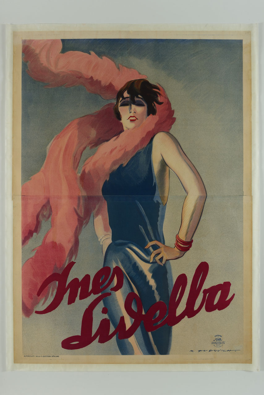 Ritratto a figura intera di Ines Lidelba in abito da scena (manifesto) di Dudovich Marcello (sec. XX)