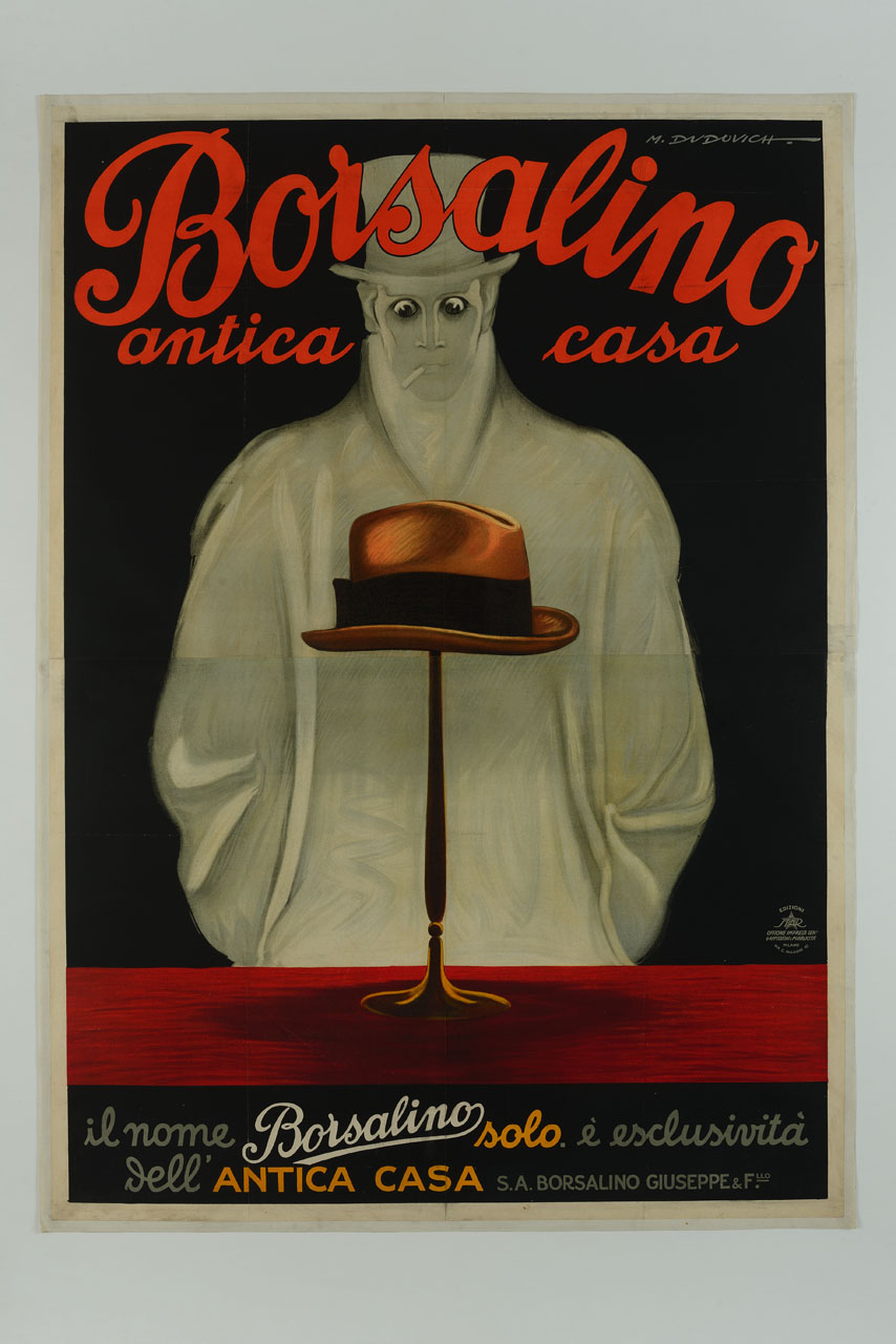 cappello in vetrina su piedistallo osservato da un uomo elegante con sigaretta in bocca (manifesto, stampa composita) di Dudovich Marcello (sec. XX)