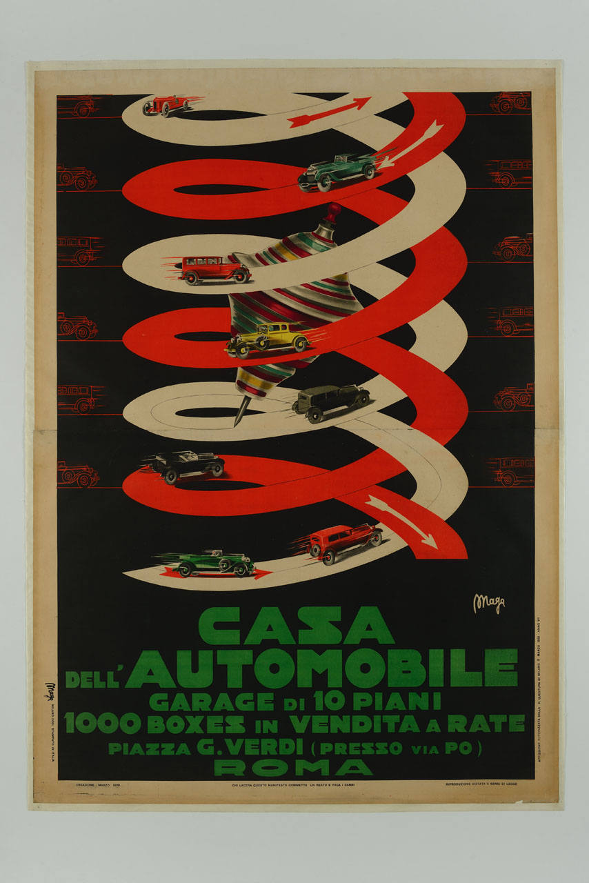 doppia rampa elicoidale intorno ad una trottola e automobili in salita e discesa (manifesto, stampa composita) di Magagnoli Giuseppe detto Maga (sec. XX)
