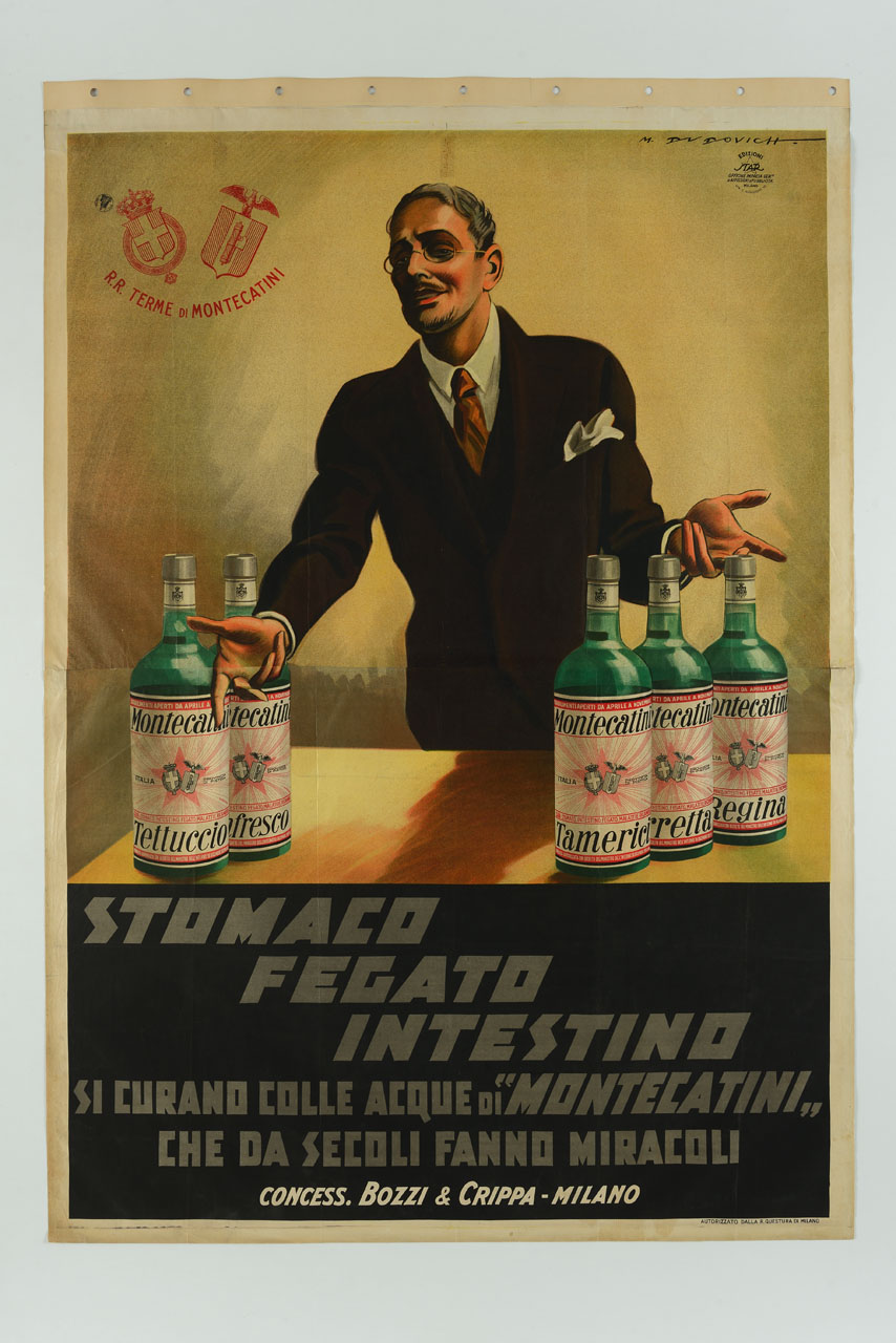 professore illustra da una cattedra con cinque bottiglie le proprietà delle acque di Montecatini (manifesto, stampa composita) di Dudovich Marcello (sec. XX)