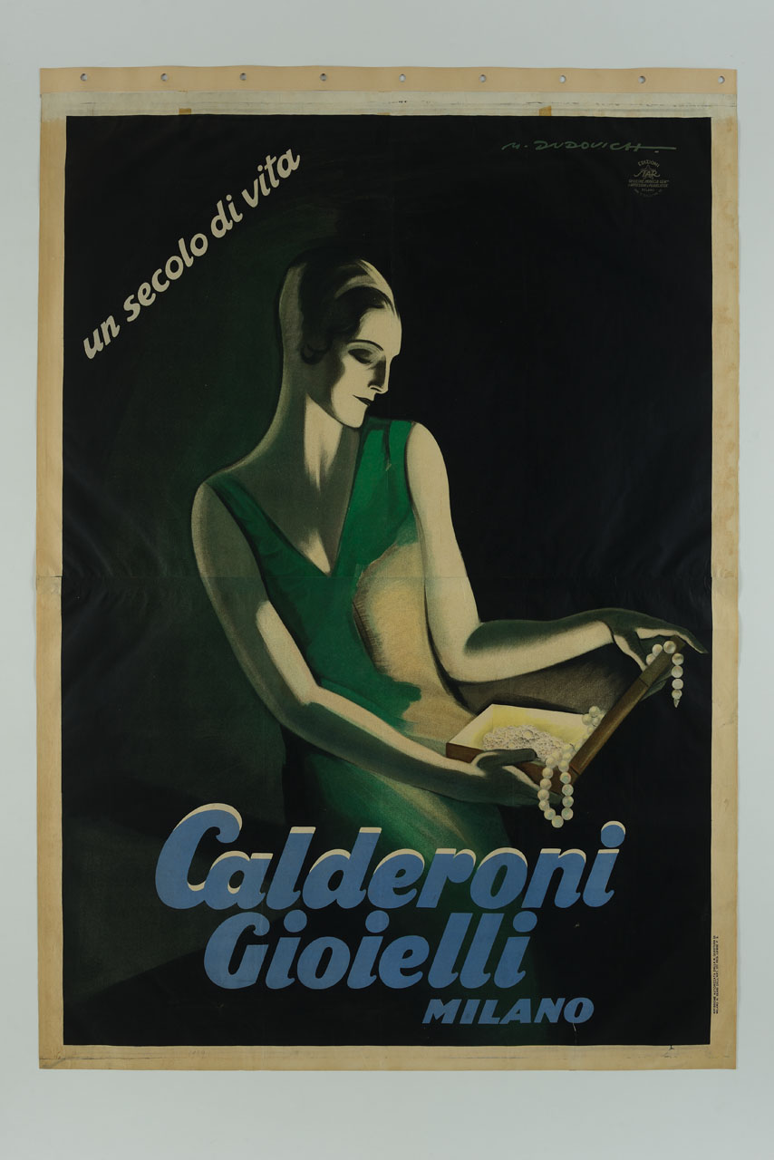 donna apre un cofanetto di gioielli che le illumina l'intera figura (manifesto, stampa composita) di Dudovich Marcello (sec. XX)