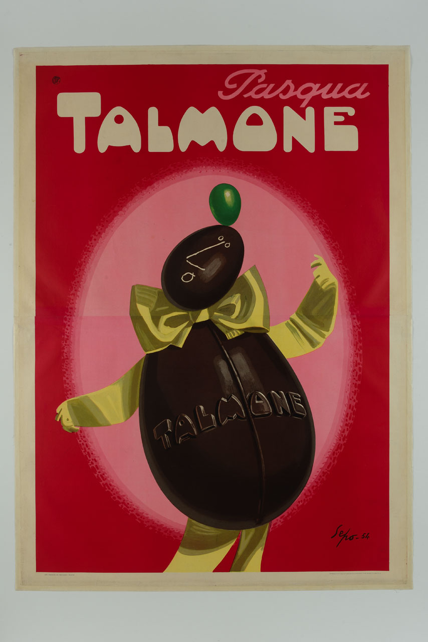 uovo di Pasqua, nastri e un ovetto compongono un giocoliere che tiene in equilibrio sulla testa un confetto (manifesto, stampa composita) di Pozzati Severo detto Sepo (sec. XX)