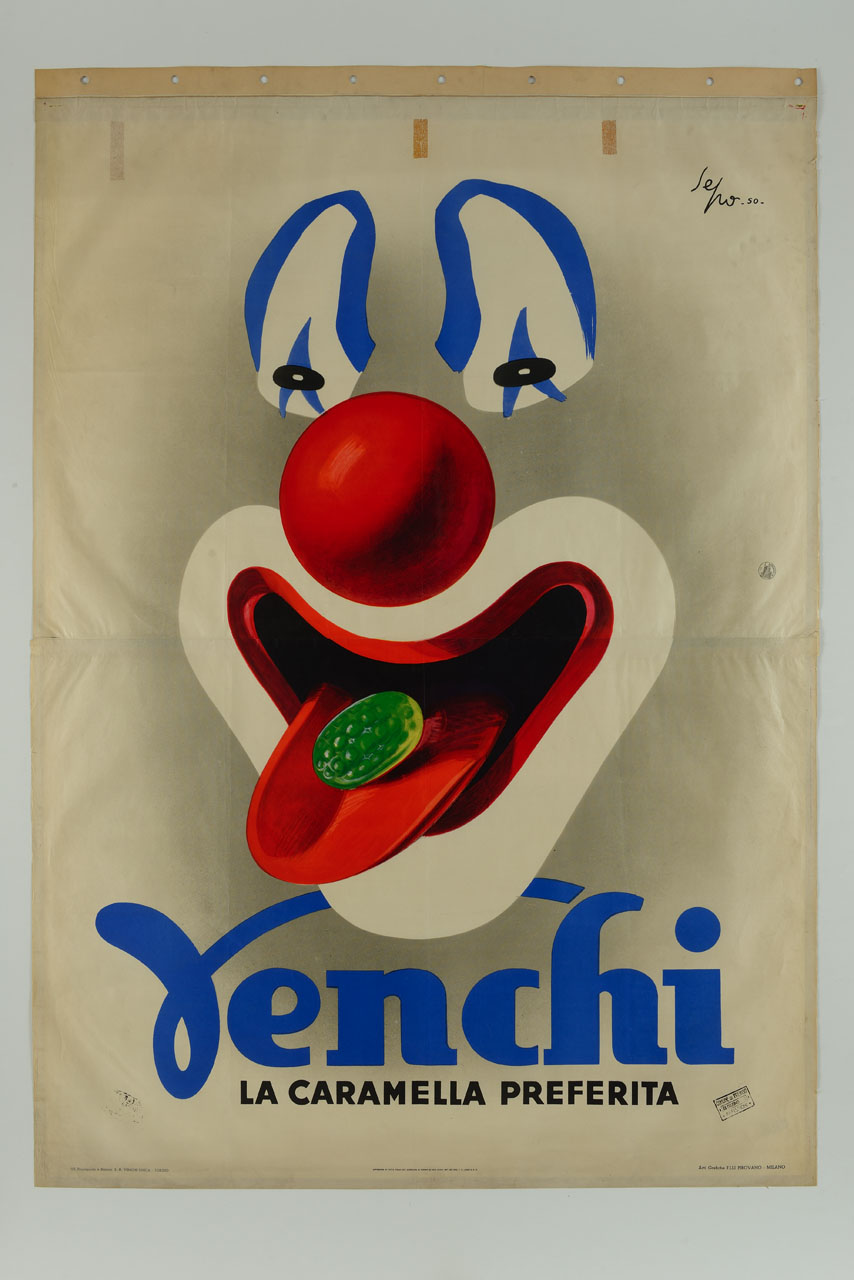 volto di pagliaccio con una caramella sulla lingua (manifesto, stampa composita) di Pozzati Severo detto Sepo (sec. XX)