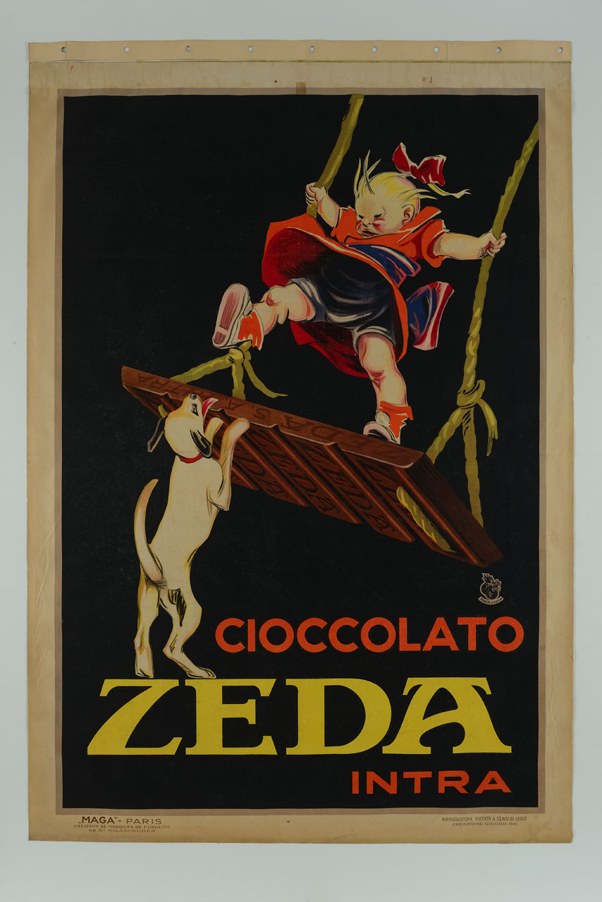 bambina si protegge da un cane su una altalena di cioccolata (manifesto) di MAGA (sec. XX)