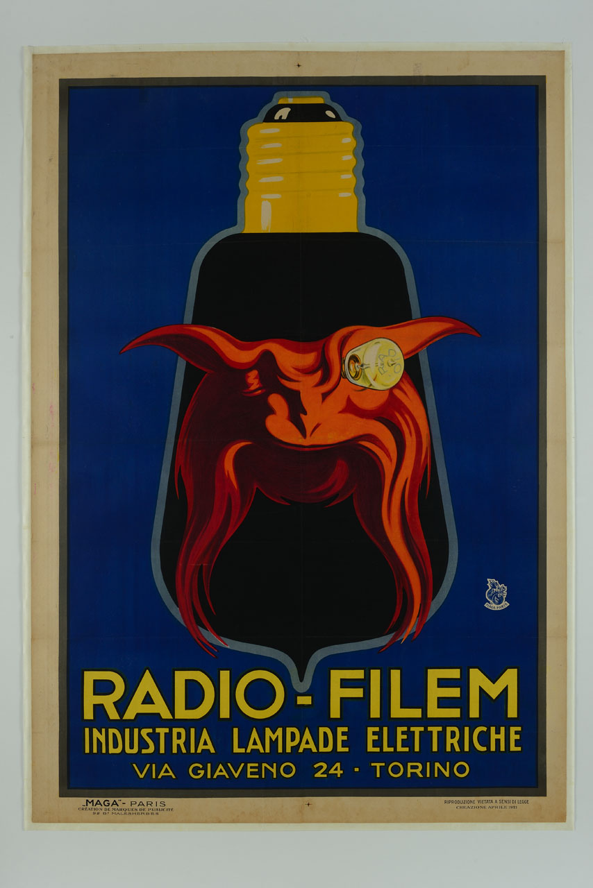 lampada e figura grottesca con lampadina nell'occhio (manifesto) di MAGA (sec. XX)
