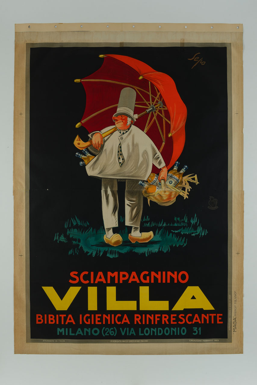 uomo con tuba, zoccoli di legno e grande ombrello regge una cesta di bottiglie e ne tiene altre nelle tasche (manifesto, stampa composita) di MAGA, Pozzati Severo detto Sepo (sec. XX)