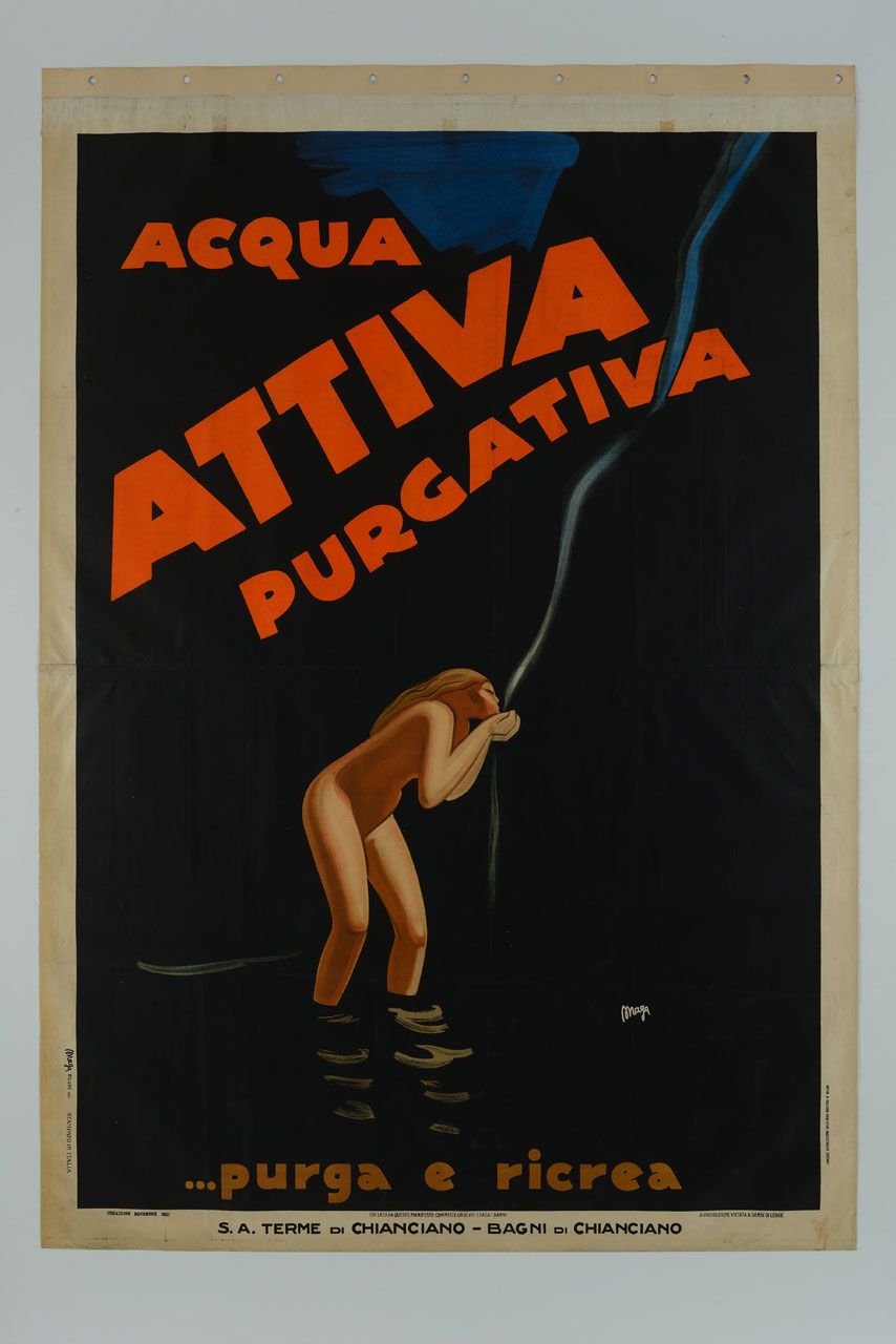 donna nuda con i piedi nell'acqua beve da una sorgente (manifesto, stampa composita) di Magagnoli Giuseppe detto Maga (sec. XX)