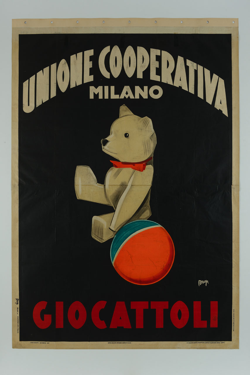 orsetto di pezza e palla (manifesto, stampa composita) di Magagnoli Giuseppe detto Maga (sec. XX)