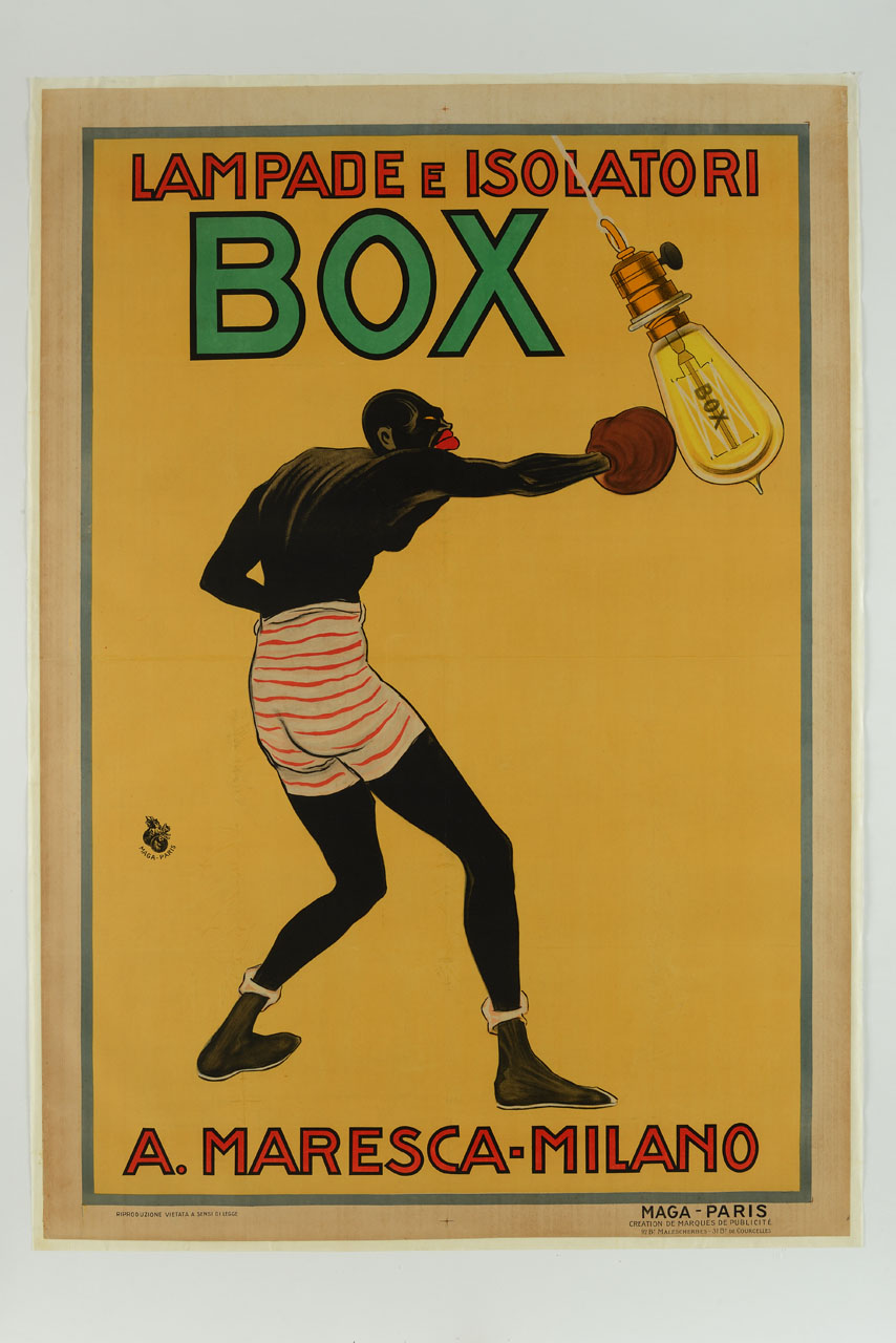 pugile di colore si esercita alla palla da boxe sostituita da una lampadina (manifesto) di MAGA (sec. XX)